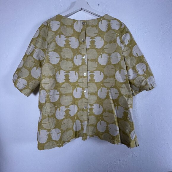 Chalet et ceci Womens Button-Back Blouse Large Linen/Cotton Circle Print Yellow - Picture 2 of 7